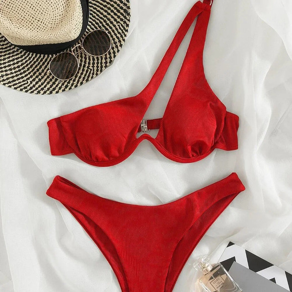 Red Women's Beach Rib Cut Out One Shoulder Bikini swimsuit - Picture 1 of 5